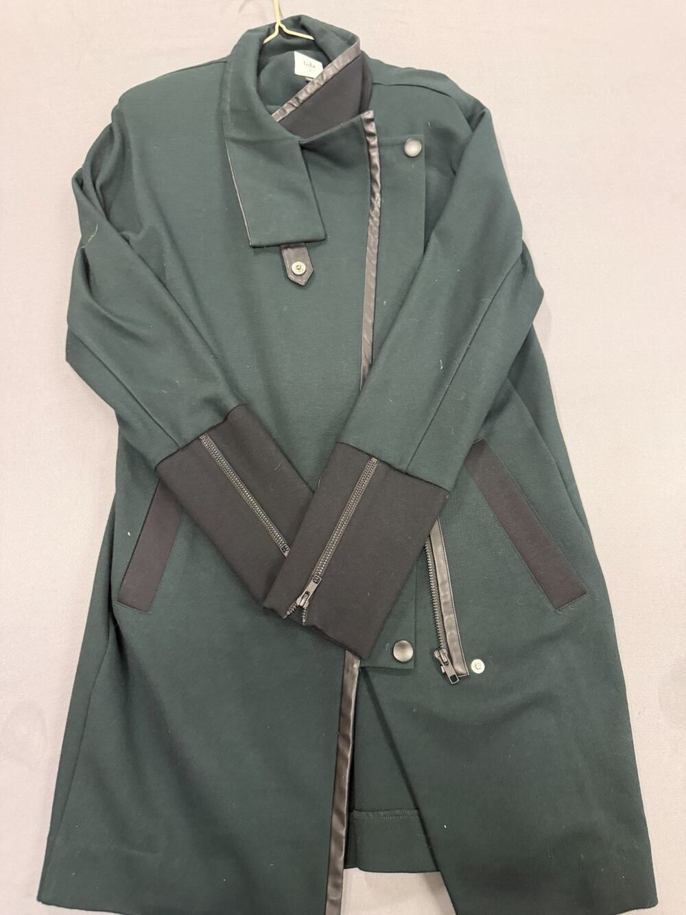 CAbi Renaissance Jacket 3725 Women’s Small Green Black Faux Leather Asym Zip
